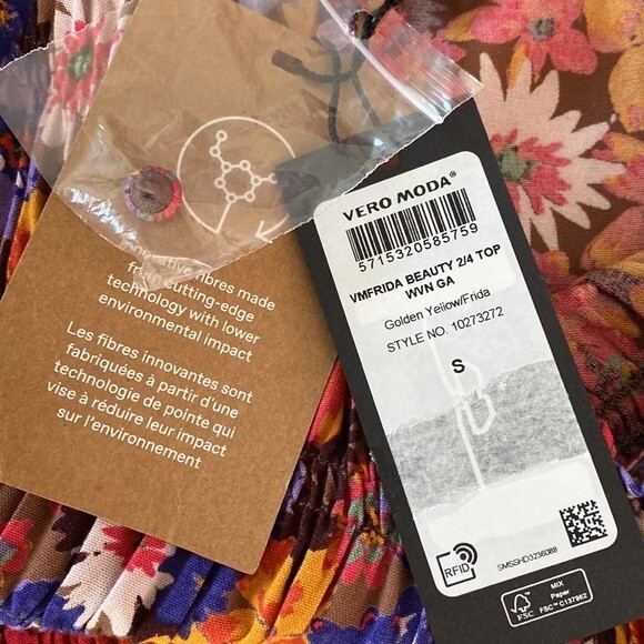 Vero Moda Multicolor Floral Peplum Smocked Top Ruffle Tie Sleeve Keyhole Back - Picture 10 of 15